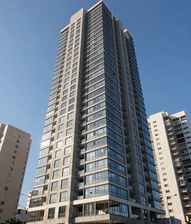 A wide-angle shot of a modern residential condominium building in a Brazilian metropolitan area, showcasing sleek glass and concrete architecture under a clear blue sky, emphasizing security and modern living.