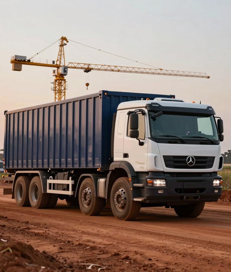 A heavy-duty logistics truck parked on a red dirt road of a Brazilian infrastructure project, with cranes and scaffolding in the background, soft sand beige and dark navy tones in the dusk lighting.