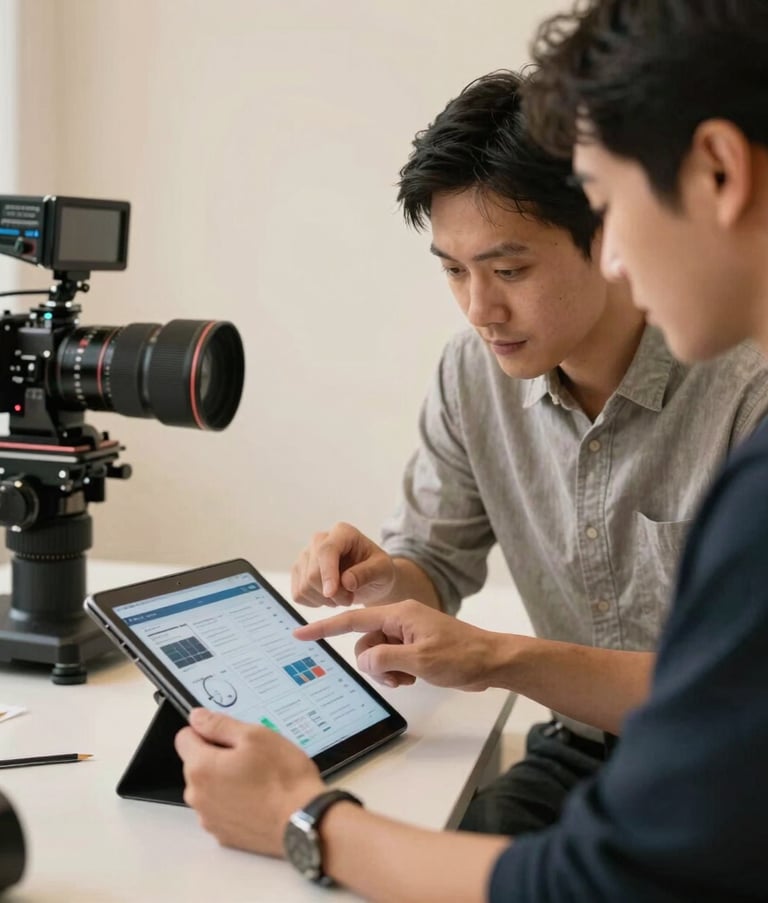 Action shot in a North American / US creative studio. Two professionals are collaborating over a tablet, pointing at a sophisticated content strategy. The setting is bright and airy with Parchment colored walls and technological hardware in the background.