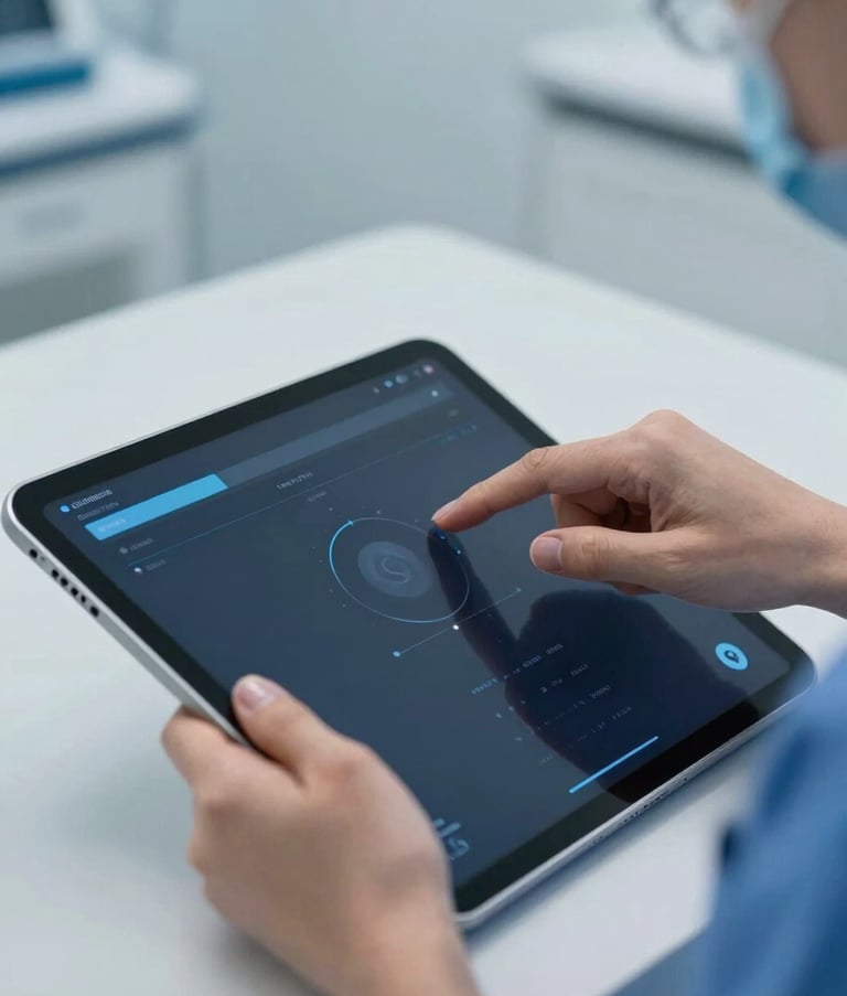 A close-up of a healthcare provider's hands using a sleek, modern medical management interface on a tablet. The setting is a clean, minimalist US clinic. The color palette features Dark Blue and Alice Blue tones with soft, professional studio lighting.