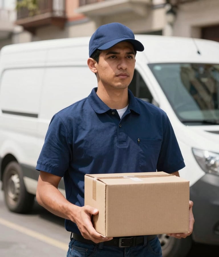 A professional courier in a navy blue uniform holding a cardboard package, standing in front of a white delivery van on a sunny street in a Latin American / Spanish city.