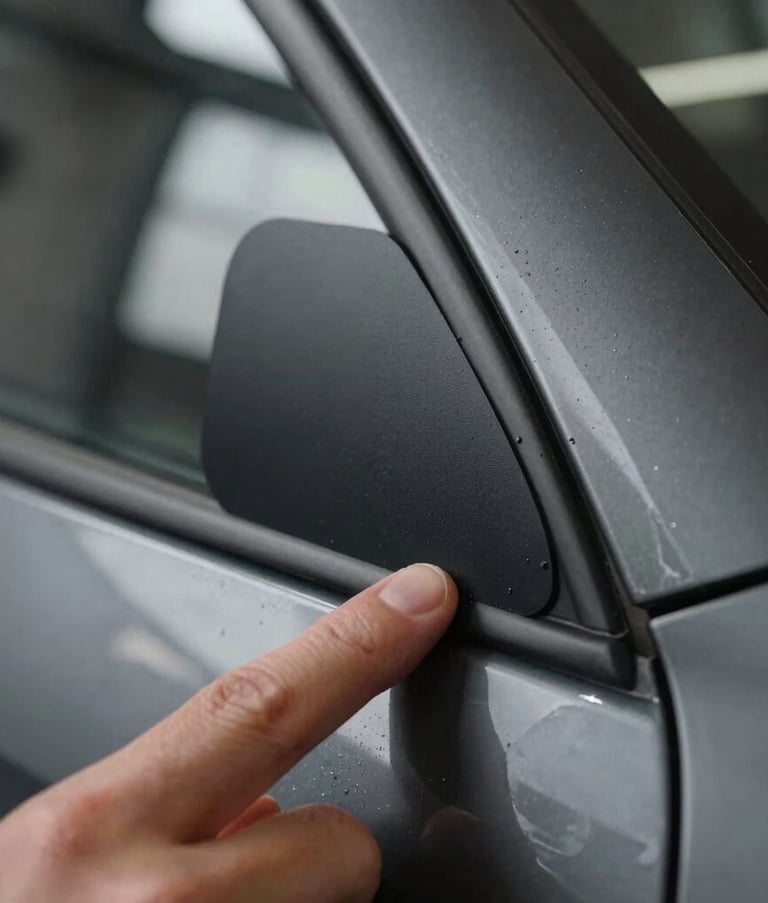 Macro photography of a matte black waterproof sticker being applied to a sleek car door in a modern North American garage, fingers pressing down the edge, professional studio lighting.