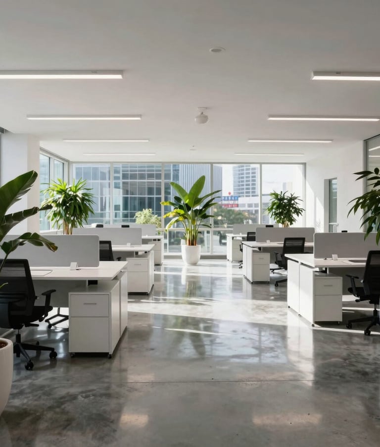 Wide shot of a pristine, modern open-plan office in Long Island City, North American / US corporate architecture, polished concrete floors reflecting bright daylight, sleek white desks, and vibrant green indoor plants.