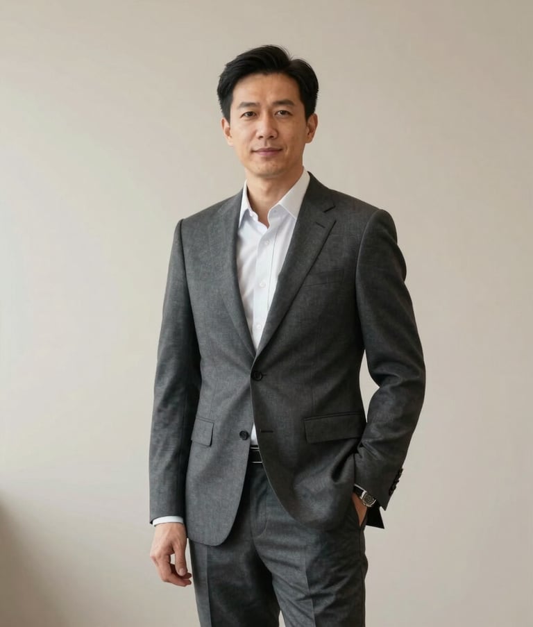 A professional portrait of a business founder in a sophisticated North American / US office. The person is wearing a high-end charcoal gray suit, appearing confident and trustworthy against a minimalist beige and off-white backdrop.