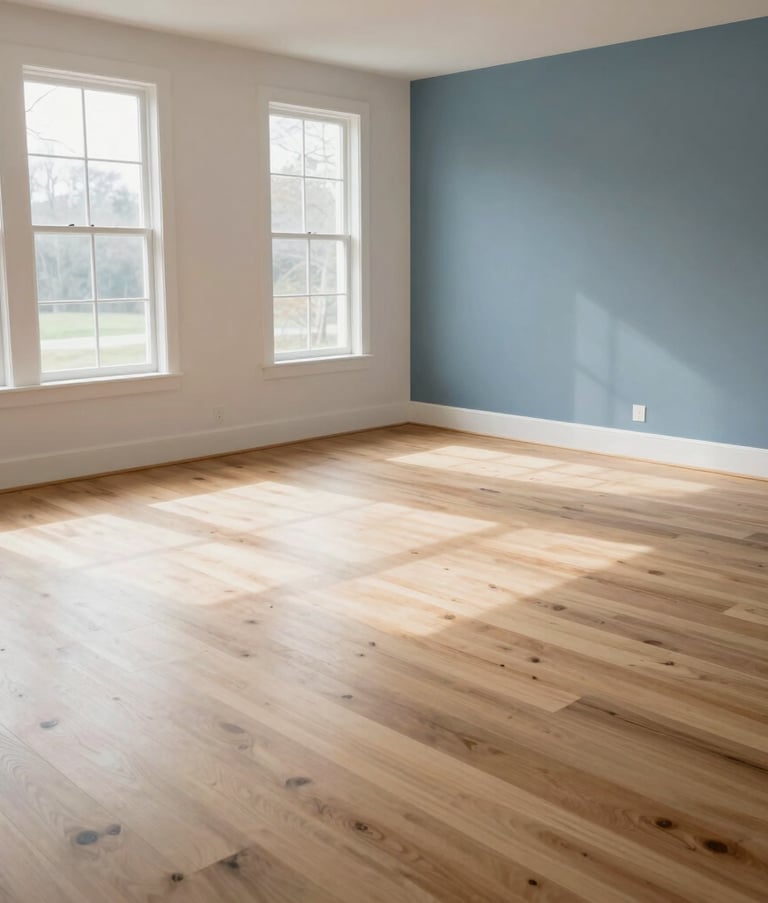 A high-angle architectural photograph of a minimalist North American living room, showing impeccably clean hardwood floors and large windows. The space is filled with soft afternoon sunlight and features a sophisticated palette of soft white and steel blue.