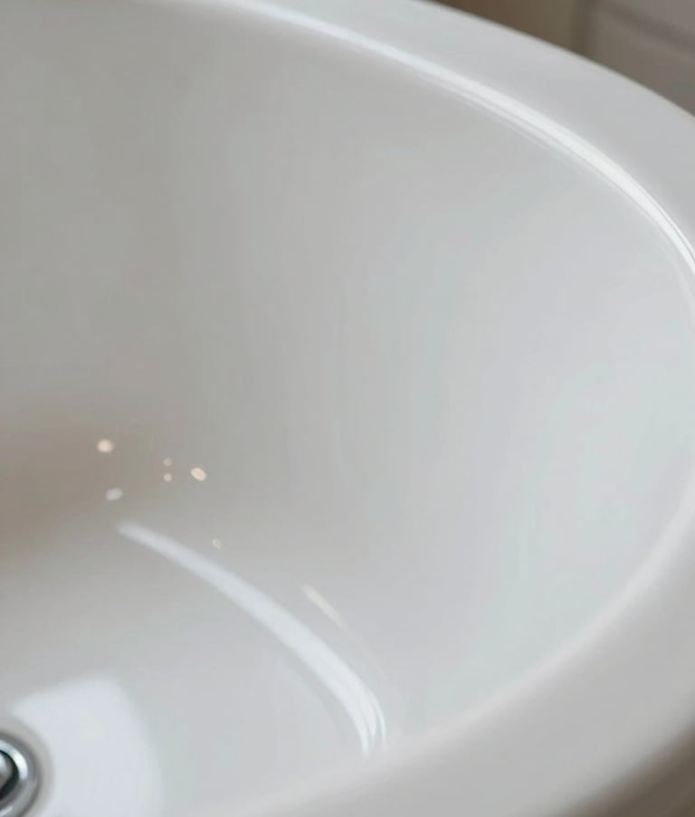 Close-up of a high-gloss white bathtub surface showing a perfect mirror-like finish, sharp focus on the texture of the porcelain, bright natural light, North American / US (New York) residential setting.