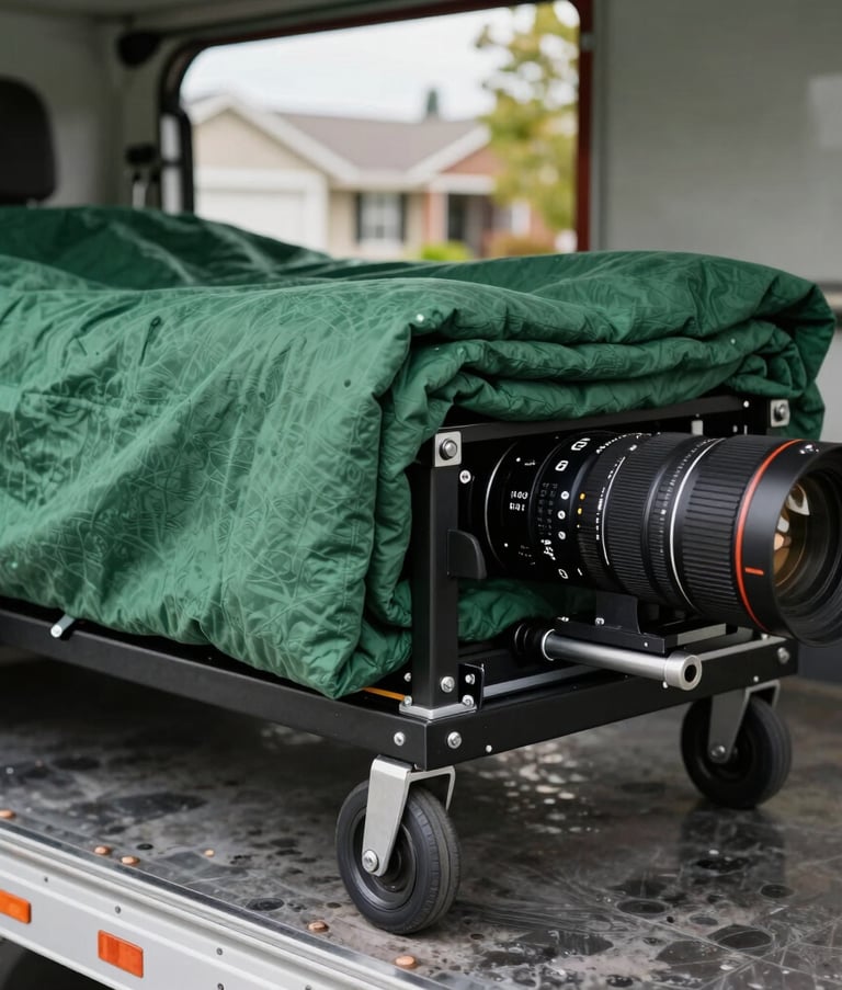 Close-up of specialized moving equipment, including high-quality dollies and thick green moving blankets, being used inside a spacious truck. North American suburban setting. Sharp focus, clean professional style.