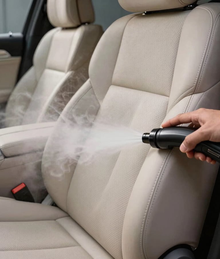 Close-up of a professional steam cleaning a luxury leather car interior in a modern studio. Focus on the fine mist and soft textures of off-white leather, professional detailing tools, North American / US context.