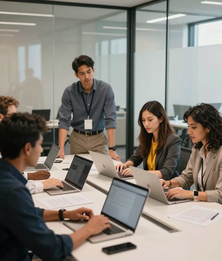 Professional photography of a diverse North American tech team collaborating in a bright, modern corporate meeting room, with glass walls and off-white interiors reflecting a tech-forward and efficient work culture.