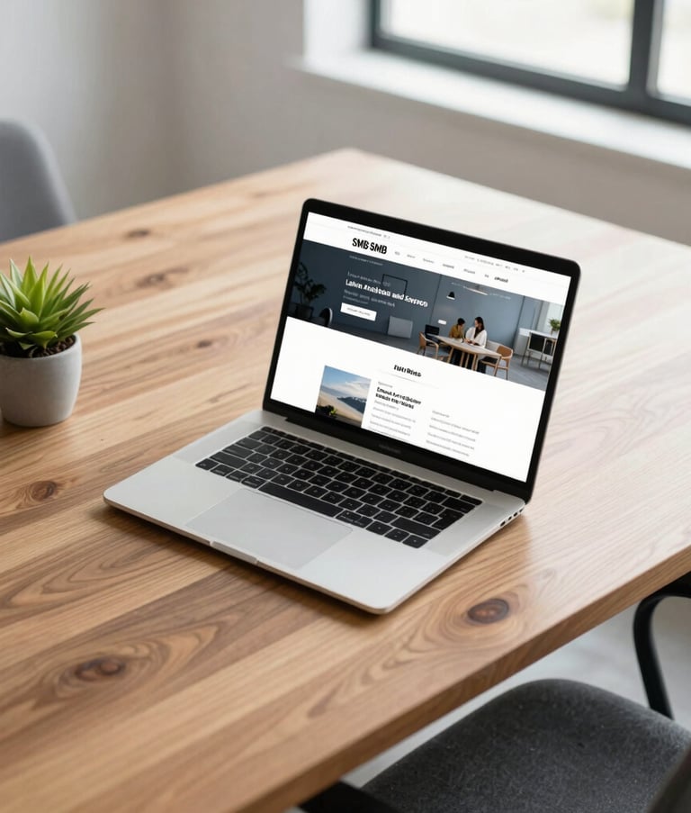 A high-angle professional photograph of a clean, bright coworking office in the Latin American and Spanish SMB market. A modern laptop on a wooden desk displays a minimalist website layout. The surrounding space has rich slate and light gray color tones, with a small green plant and soft natural light from a window creating a highly trustworthy feel.