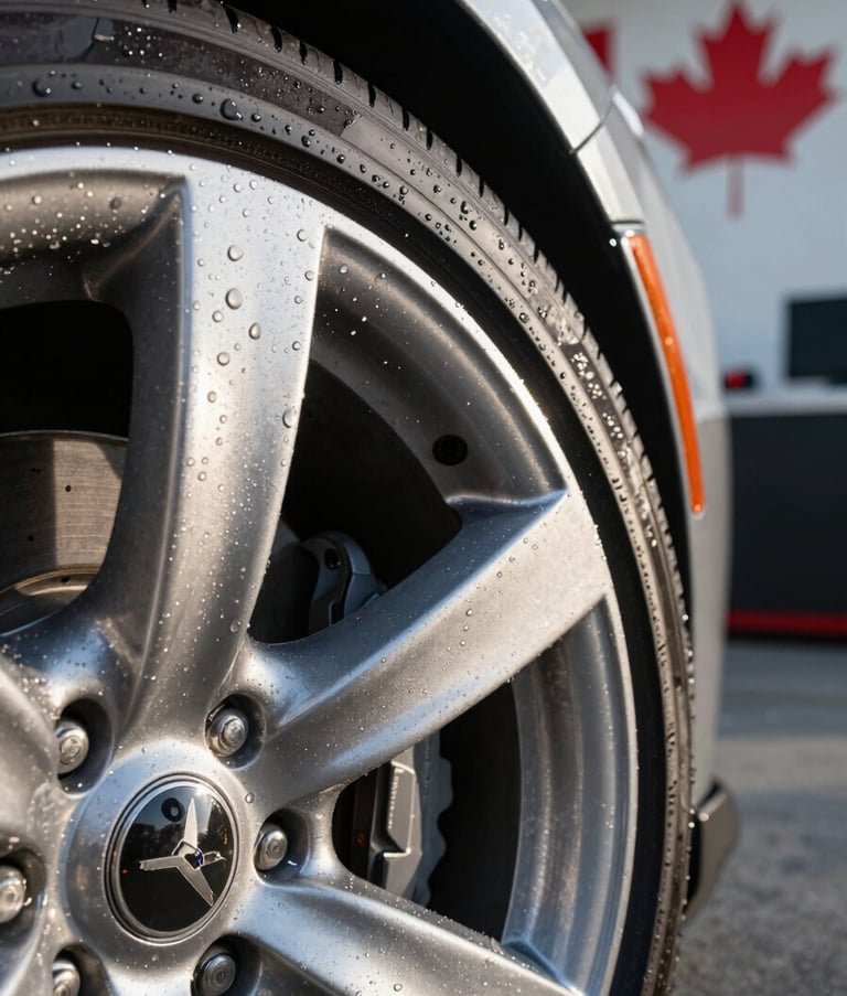 Macro photography of a sparkling clean car rim and tire, with water droplets on the surface reflecting the sunlight. Professional Canadian detailing environment in the background.
