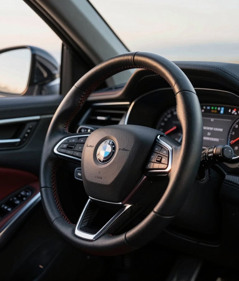 A detailed close-up of a luxury car interior, focusing on the hand-stitched leather steering wheel and carbon fiber dashboard accents, illuminated by soft morning light in the North American / European Luxury Automotive Market.