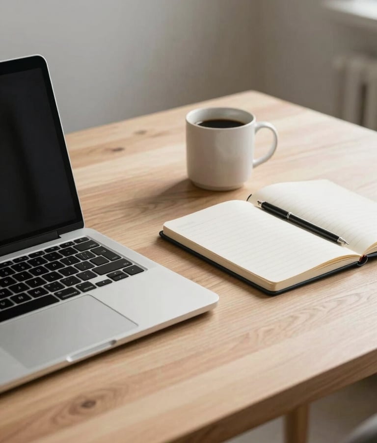 A close-up of a minimalist, organized workspace in a North American home office. A high-end laptop, a clean notebook, and a coffee mug sit on a light wood desk, illuminated by soft morning light, evoking a sense of modern efficiency.