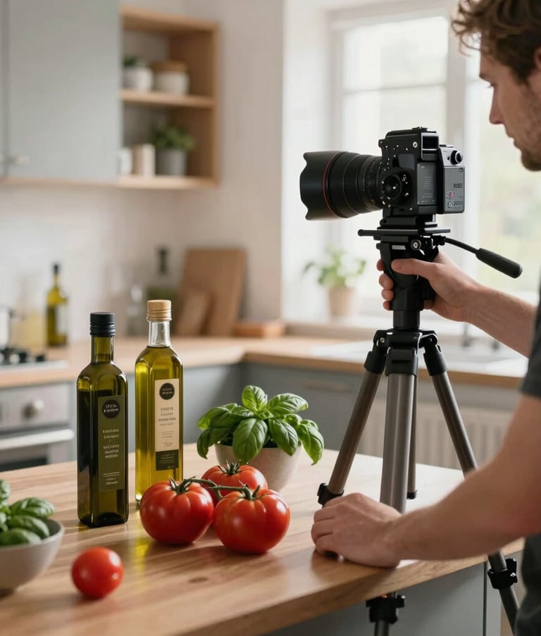 Behind-the-scenes shot in a brightly lit, modern Copenhagen kitchen studio. A digital creator adjusts a tripod over an arrangement of heirloom tomatoes, fresh basil, and handmade olive oil bottles. The atmosphere is warm, natural, and collaborative.