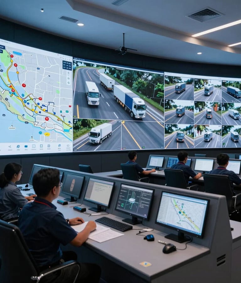 A wide-angle shot of a high-tech control room in Indonesia, with multiple large screens displaying real-time GPS maps and CCTV feeds of trucks on the road, professional atmosphere, cool blue lighting, sleek ergonomic workstations.