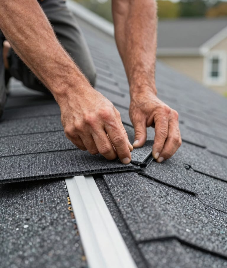 A professional close-up photograph of expert hands installing high-quality, weather-resistant roofing shingles on a residential home in the US. The composition focuses on the precision of the installation and the texture of the materials, highlighting the expertise and reliability of the work. The lighting is natural and clear.
