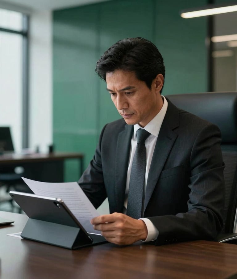 A professional man in business attire sitting in a clean, high-end South American office, reviewing documents on a sleek tablet. The atmosphere is calm and authoritative, with a background featuring modern architecture and a palette of dark green and black accents.