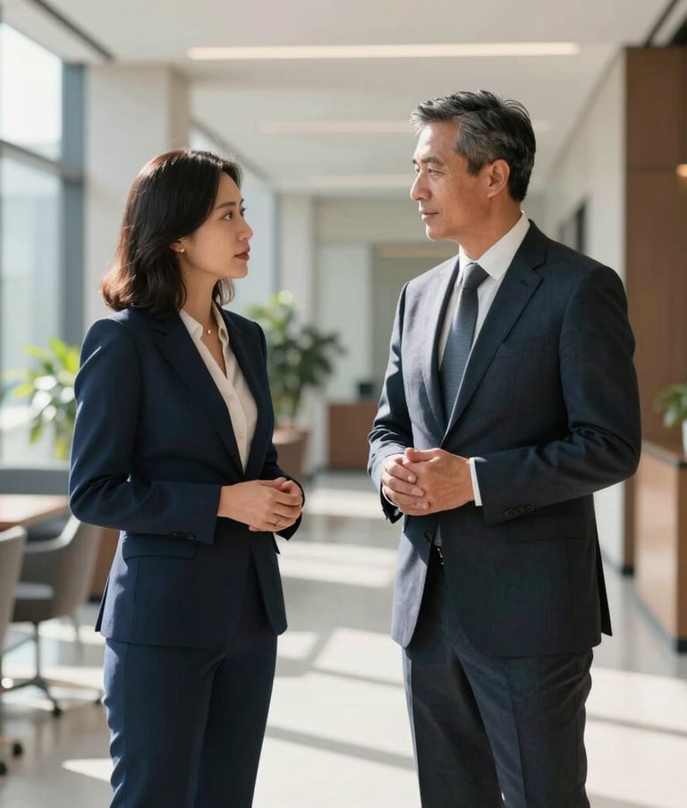 Two legal professionals in sharp North American business attire standing in a sleek, sunlit office lobby, engaged in a professional discussion, representing trust and modern legal expertise.