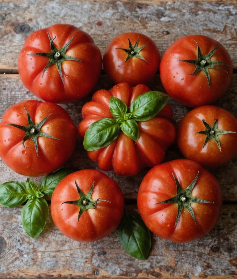 A high-angle flat lay of organic heirloom tomatoes and fresh basil on a rustic wooden table in a Northern European farm kitchen. Natural morning light creates soft shadows, featuring earthy tones of Deep Ripe Crimson and Stone.