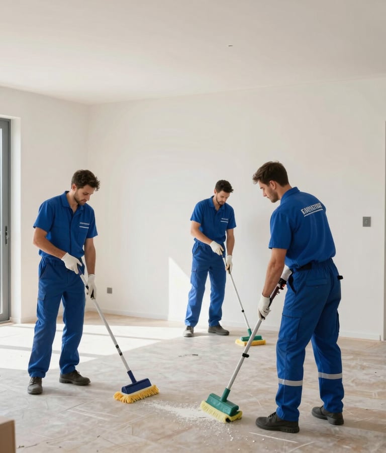 A professional cleaning crew in branded blue uniforms performing a meticulous final cleanup of a newly constructed modern apartment in Germany. Wide angle shot, bright daylight, showcasing professionalism and attention to detail.