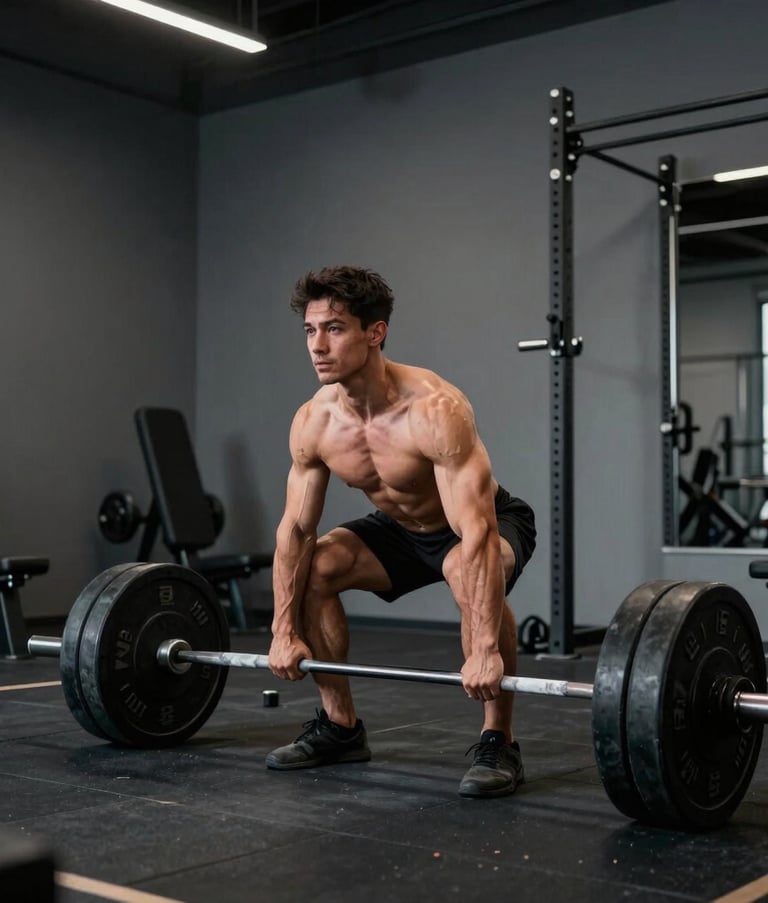 A cinematic action shot of a man performing a heavy deadlift in a minimalist, high-end gym. Strong highlights on muscle definition, professional fitness photography style with charcoal grey walls and black equipment, set in a modern North American facility.