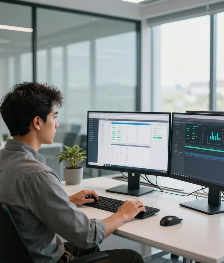 A professional South American software engineer working in a bright, modern office with glass windows, using multiple monitors displaying data management dashboards, clean and minimalist environment.