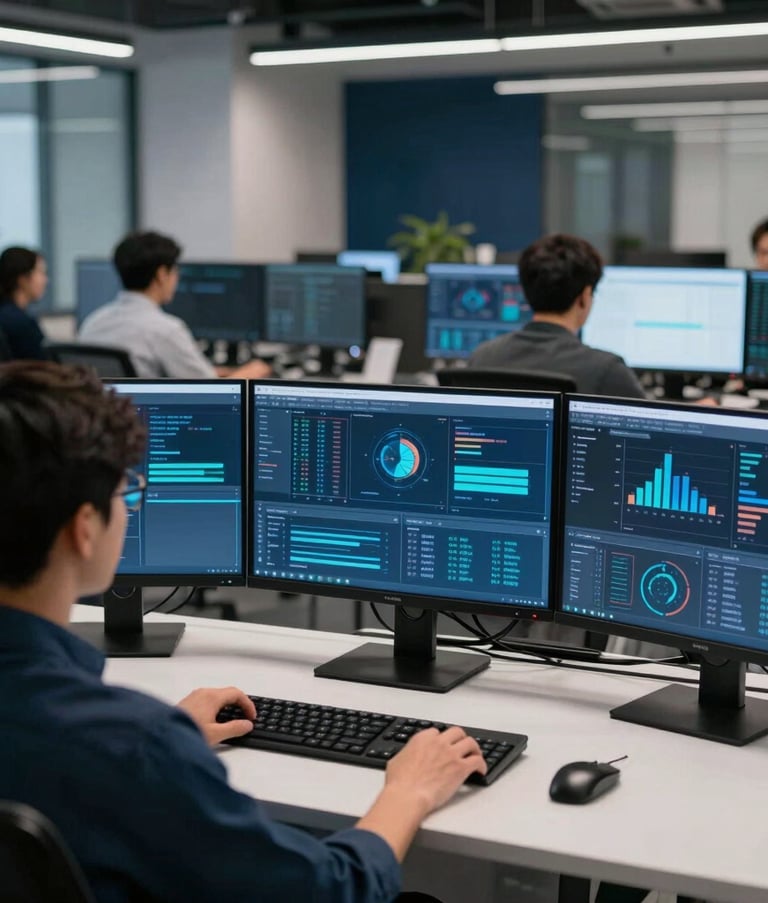 A perspective shot from behind a professional at a workstation with multiple displays showing analytical data in a North American tech hub. In the background, other team members are collaborating in a modern office space. Lighting is crisp with Steel Blue and Dark Blue accents.