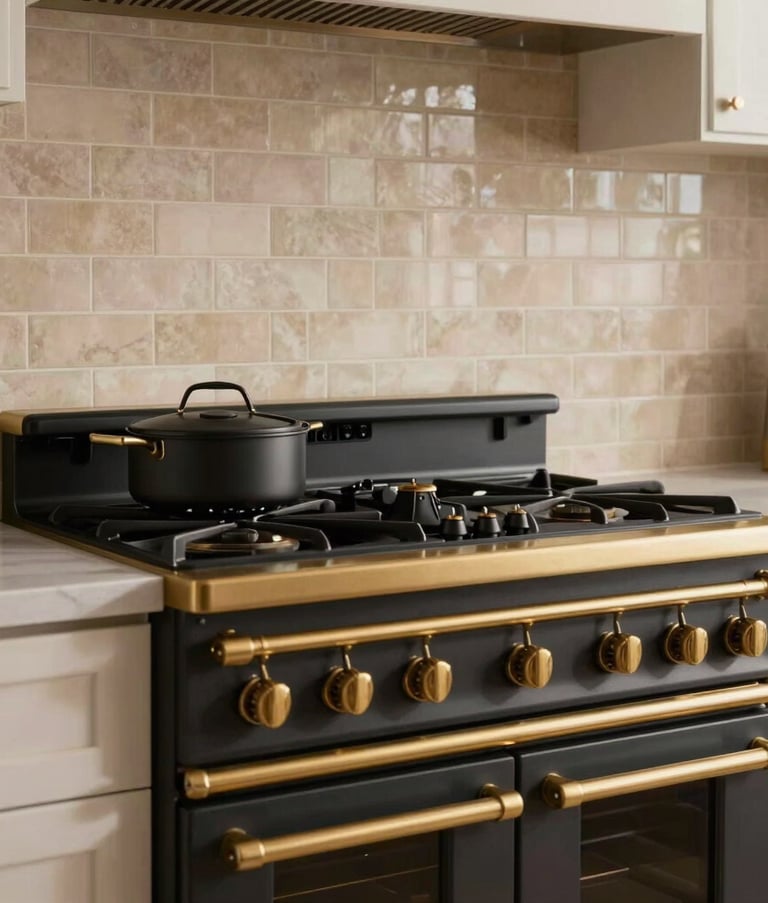 A medium shot focusing on a luxury chef-inspired cooking station. It features a matte black professional range stove against a warm beige tile backsplash. Elegant gold-toned hardware and minimalist design define the aesthetic in a Los Angeles home.