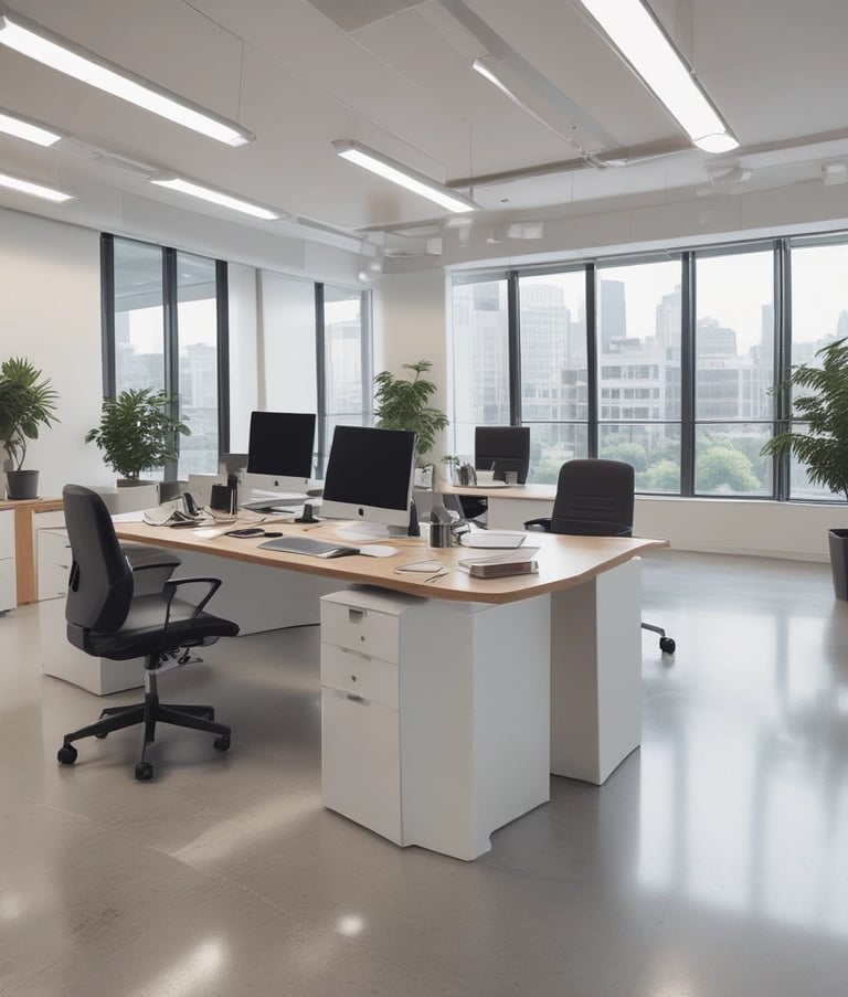 Office cleaning team working efficiently in a modern corporate space.