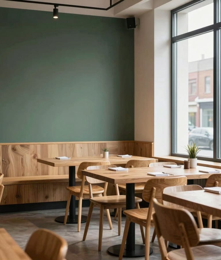 A wide-angle interior photograph of a cozy, Scandinavian-style North American restaurant. It features light oak wood furniture, a minimalist Matte Forest Green accent wall, and large windows bringing in soft daylight. The space feels inviting, professional, and sophisticated.