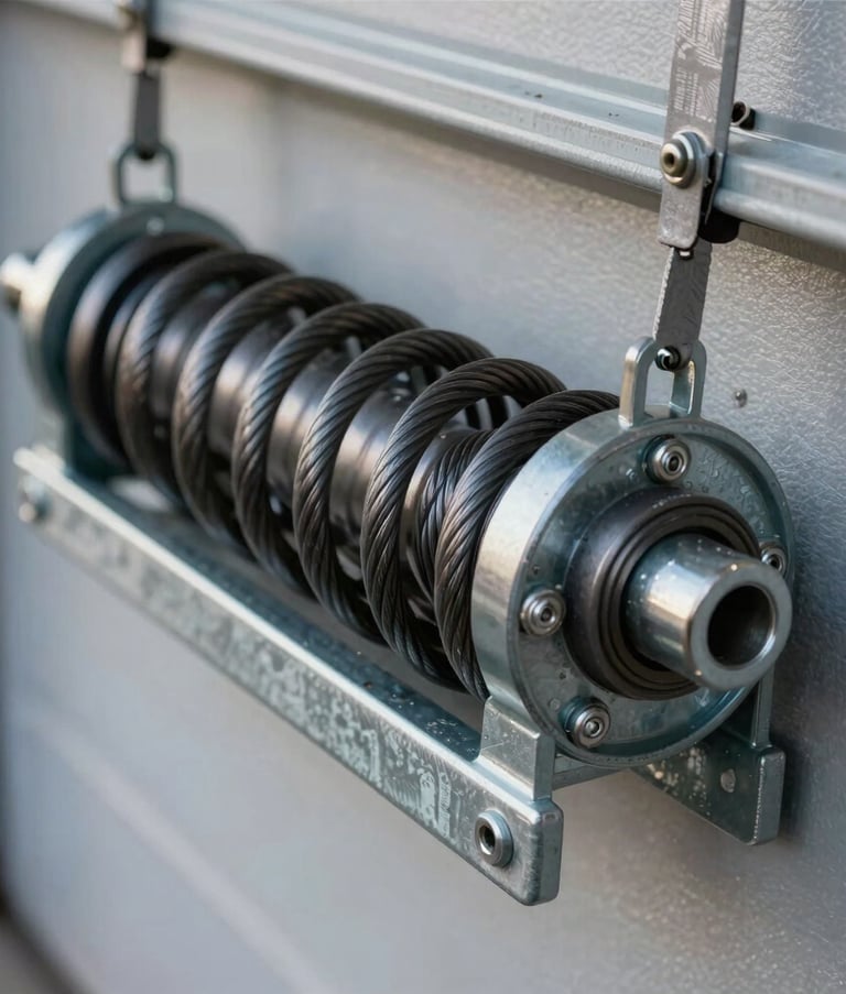 A close-up photograph of a heavy-duty steel garage door torsion spring and cable assembly, showcasing durability and professional maintenance. North American / Canadian home hardware.