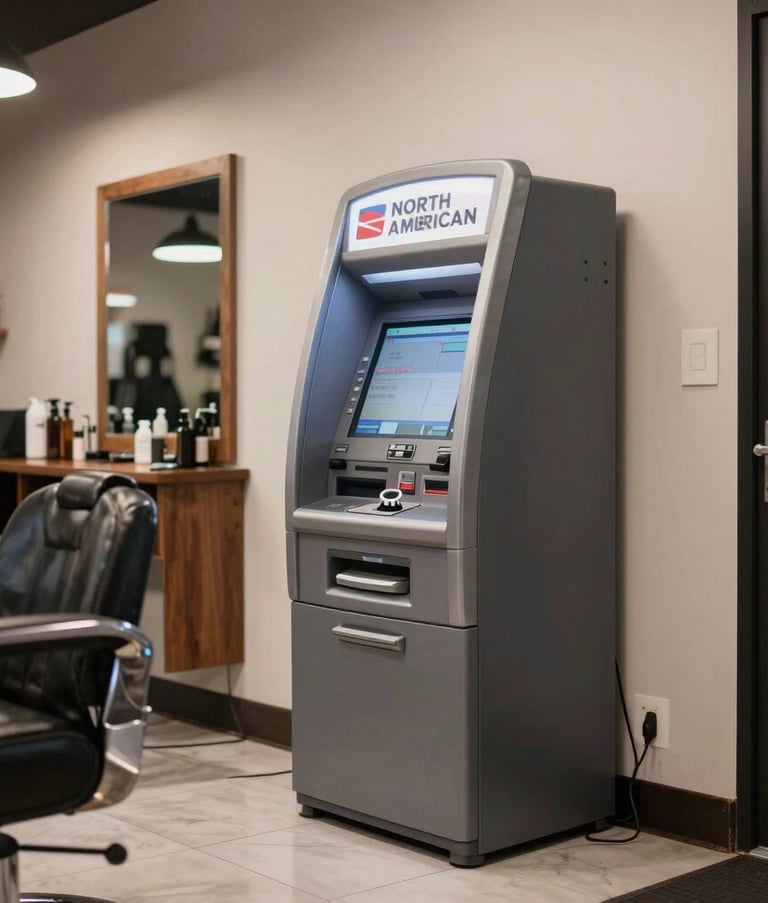 A professional wide-angle shot of a busy North American barbershop interior with a sleek, silver and charcoal gray ATM machine positioned in the corner. The lighting is warm, inviting, and high-quality.