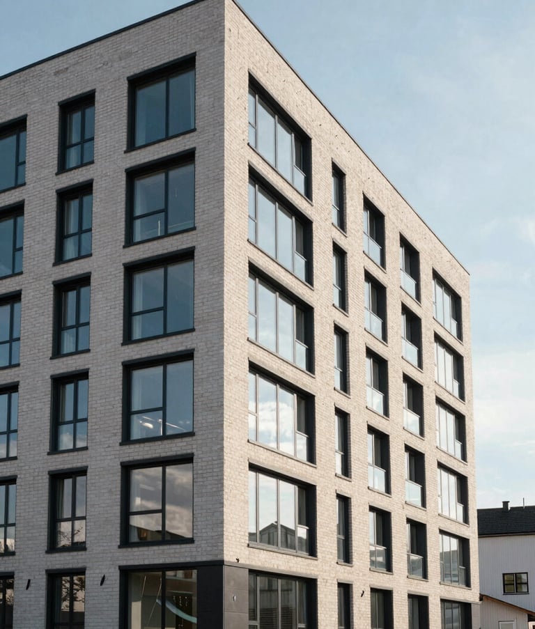 Wide shot of a newly constructed modern apartment building with large glass windows and clean brickwork, set against a crisp Northern European sky, high-end real estate photography.