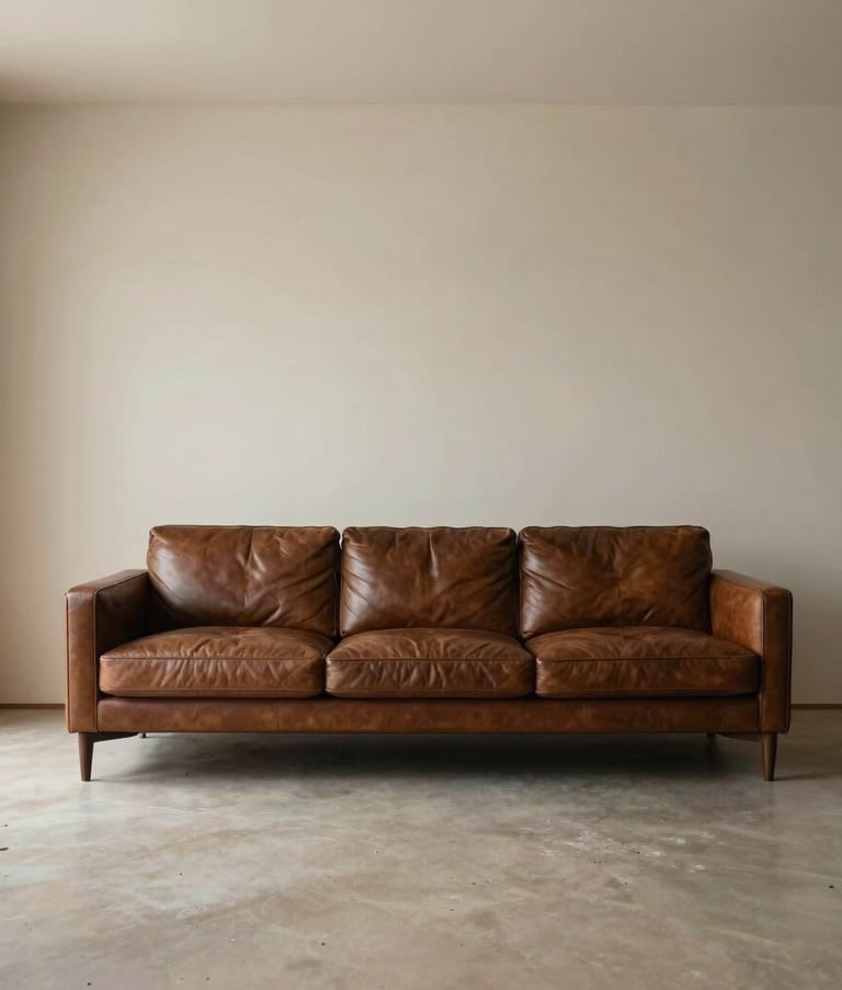 A wide-angle interior shot of a minimalist, sophisticated living space in the North American / US, featuring a dark brown leather sofa and beige walls, soft natural light, conveying a sense of calm and ease.