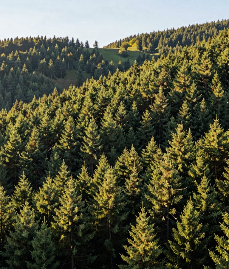 A beautiful panoramic view of the forest hills surrounding Remiremont, soft sunlight filtering through the pine trees, French / Vosges Region, serene and adventurous atmosphere, vibrant shades of sage and forest green.