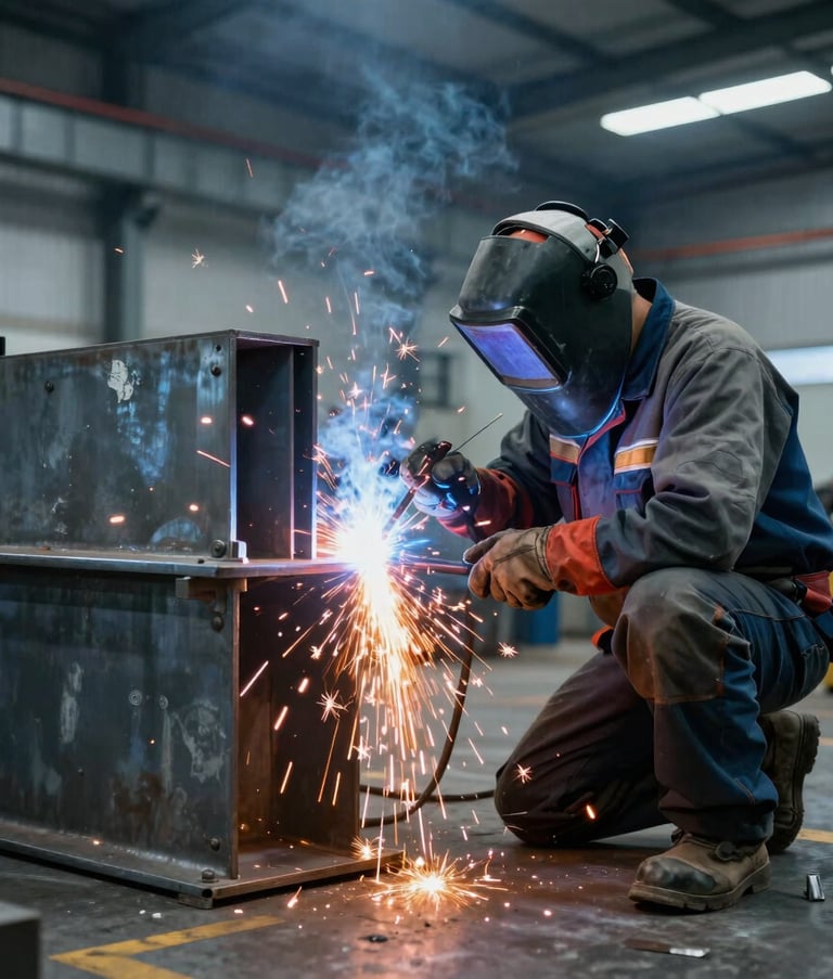 A professional South American welder in protective gear working on a large metal structure in a clean, modern factory setting, bright orange sparks contrasting with industrial blue-gray tones, wide composition.