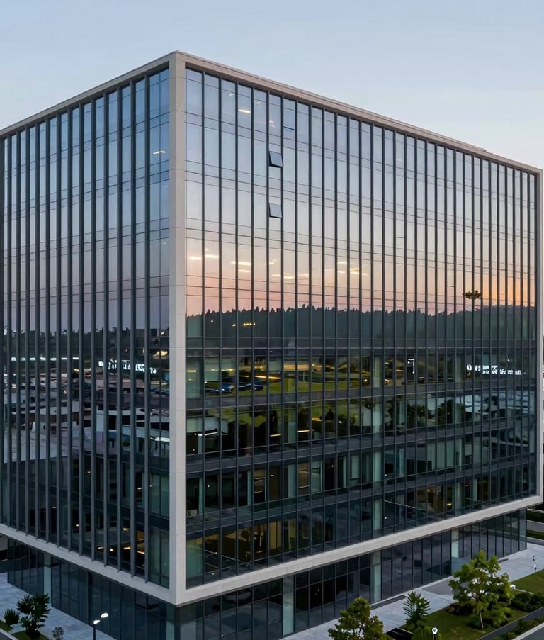 A high-quality architectural photograph of a modern commercial office park in the United States. The glass-fronted building features clean lines and reflects a forest green landscape at dusk, symbolizing steady growth and professional success.
