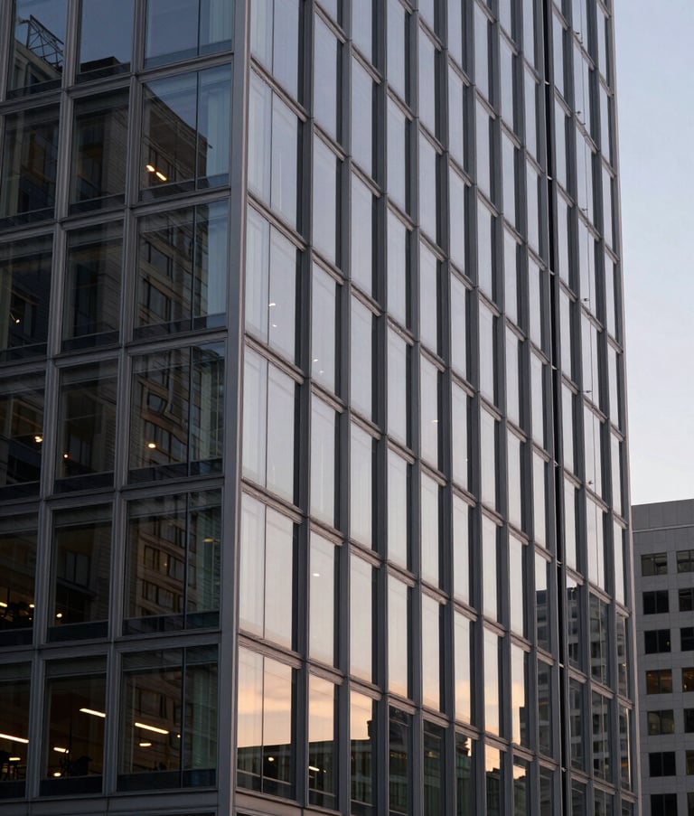 A clean, sharp exterior shot of a modern glass office building in a US city at dusk, soft light reflecting on surfaces, professional and established mood with a sophisticated color palette.