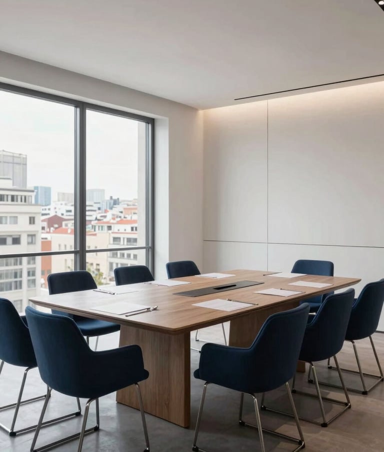 A wide-angle professional photograph of a modern, sophisticated boardroom in a Spanish city. The decor is clean and minimalist with Dark Blue chairs and Off-white walls. Large windows show a blurred cityscape. Sophisticated and high-end feel.