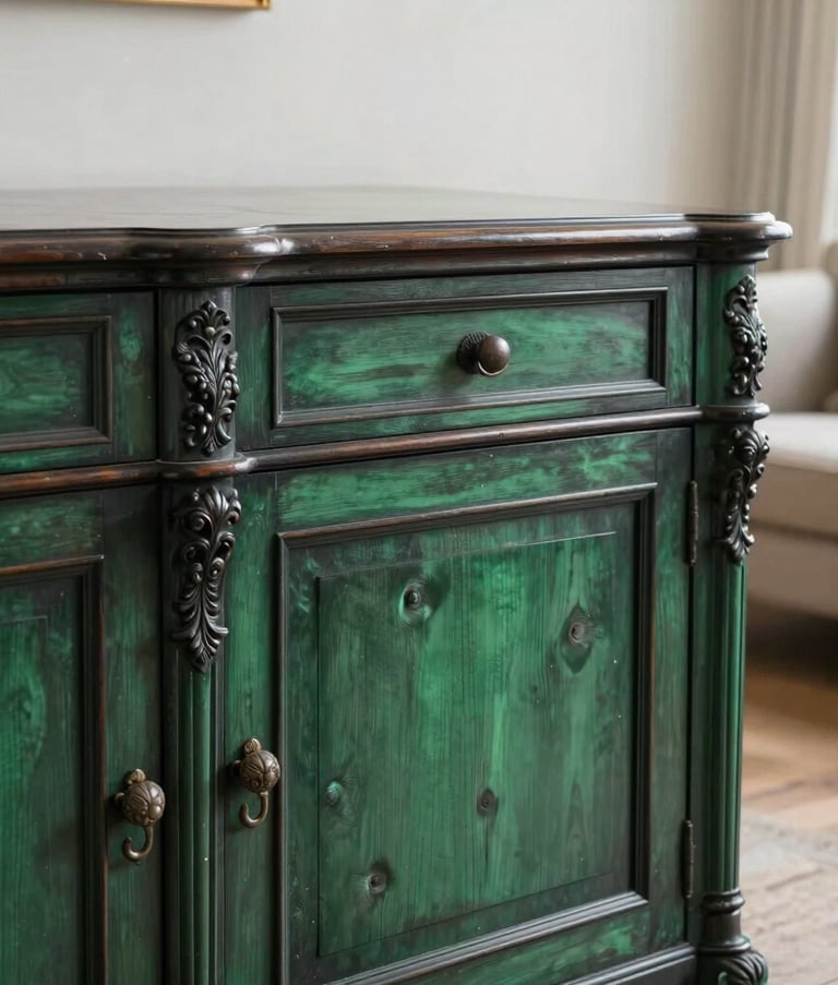 Close-up photography of a beautifully restored antique sideboard in a bright European living room. The wood has a deep, rich Forest Green and Charcoal polished finish. Elegant composition focusing on the intricate carvings and the quality of the restoration work.