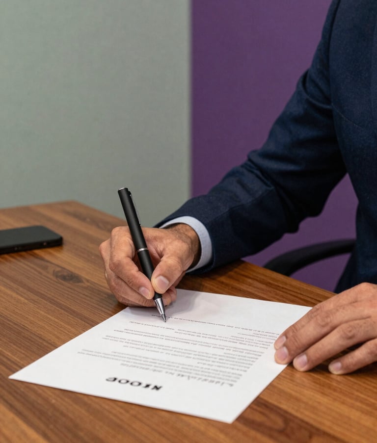 A detailed close-up of a professional signing an official document on a high-quality wooden desk in a Spanish-speaking region office. The lighting is soft with sage green and muted purple accents in the background.