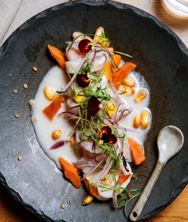 Ceviche de peixe e camarão com milho, batata-doce, cebola roxa e flores comestíveis em um prato fundo com leite de tigre.