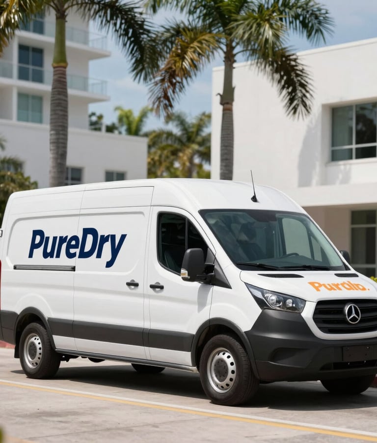 A white professional service van with dark blue and orange PureDry branding parked on a palm-lined street in Miami, Florida. Bright daylight, modern architecture in the background.