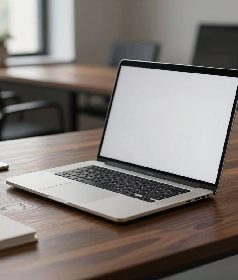 Close-up of a sleek, premium laptop on a dark wood desk in a minimalist North American office. The lighting is soft and professional, highlighting a clean and modern workspace environment with a focus on high-end tech.