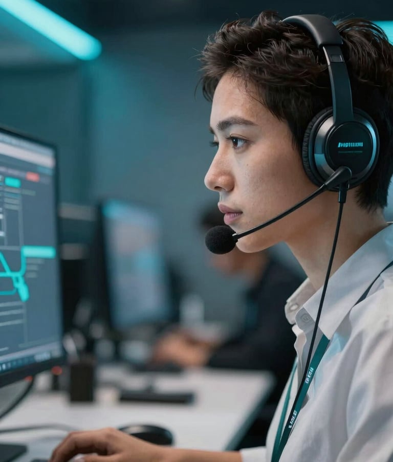 A close-up photograph of a professional South American customer service representative in a modern office, wearing a high-tech headset and focused on a screen. The lighting is crisp, with teal and dark blue accents in the background bokeh, reflecting a high-performance racing team aesthetic.