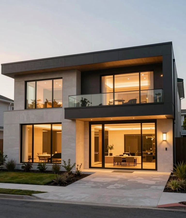 Exterior shot of a modern architectural masterpiece home in a North American suburb during the golden hour, featuring clean lines, large glass windows, and elegant landscaping, illuminated with warm interior lights.