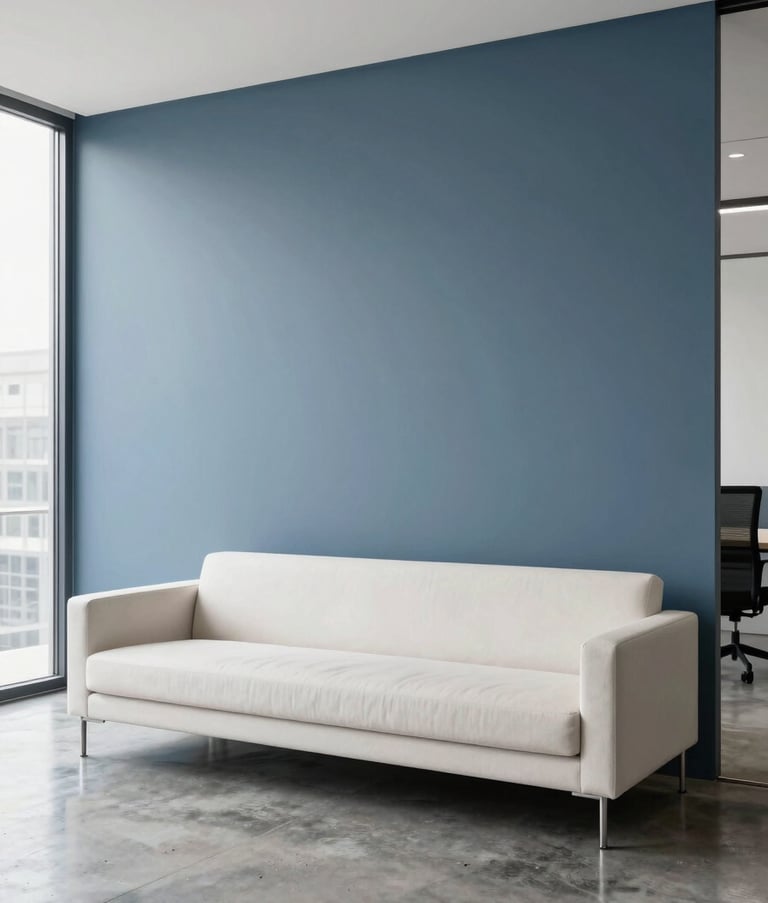 A high-end, minimalist office interior in the US. A sleek slate blue wall serves as a backdrop for an off-white modern sofa. The floor is polished concrete. Natural light pours in from a large window.