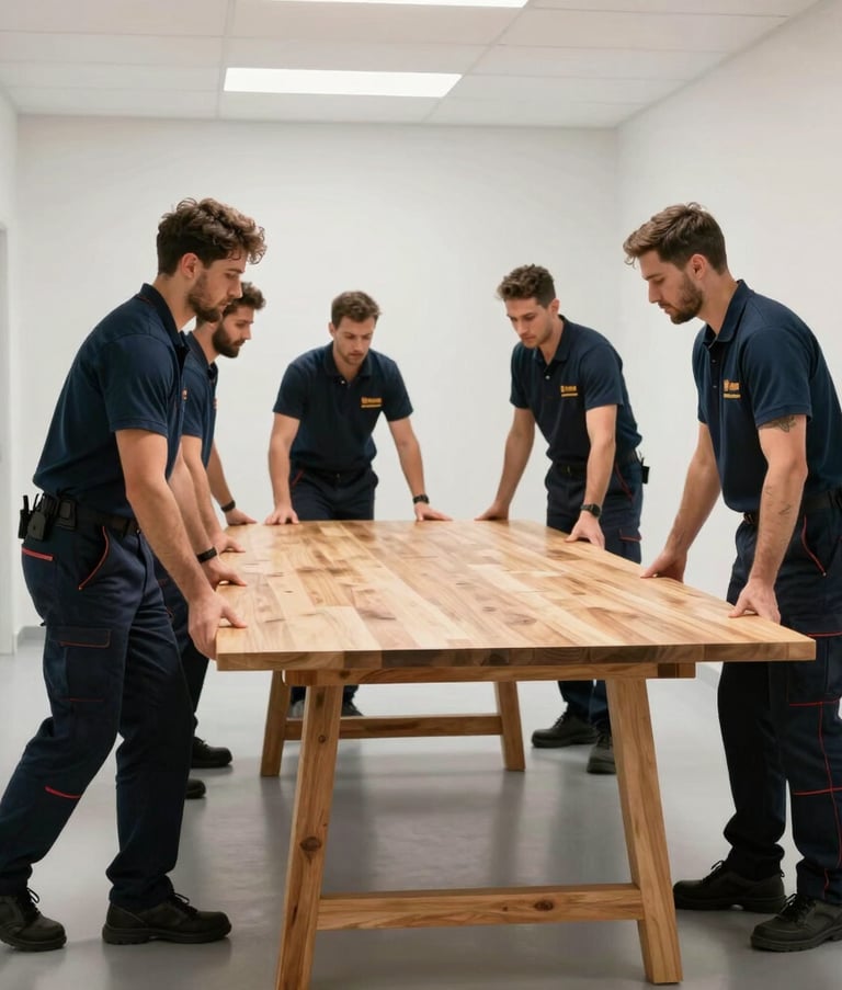 A professional team in European / Spanish work attire moving a large wooden table through a bright, clean hallway. The composition is focused on careful handling and teamwork, with lighting that emphasizes a clean and safe environment.