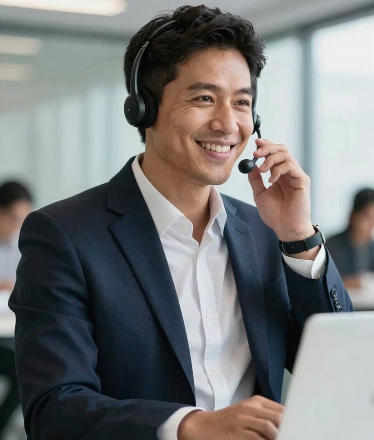 A professional South American financial consultant smiling while talking on a telephone headset in a modern office. The background is slightly blurred with Deep Navy and Pearl White tones. Professional lighting.