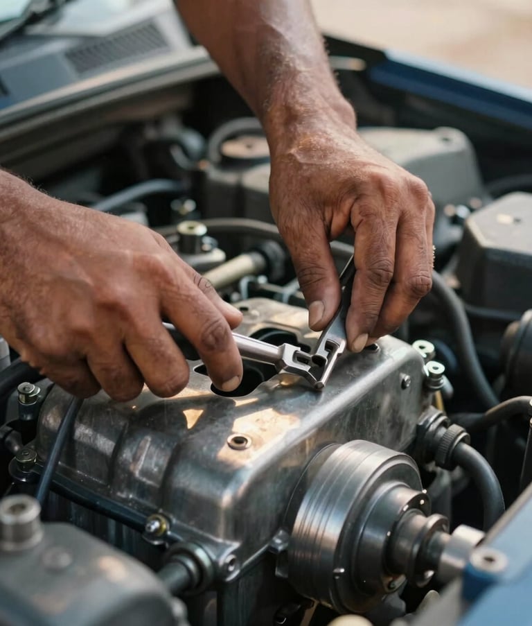 Detailed close-up of a South Asian / Indian mechanic's hands using professional tools to inspect a car engine, sunlight reflecting off metal parts, warm and trustworthy atmosphere, deep blue and silver tones.